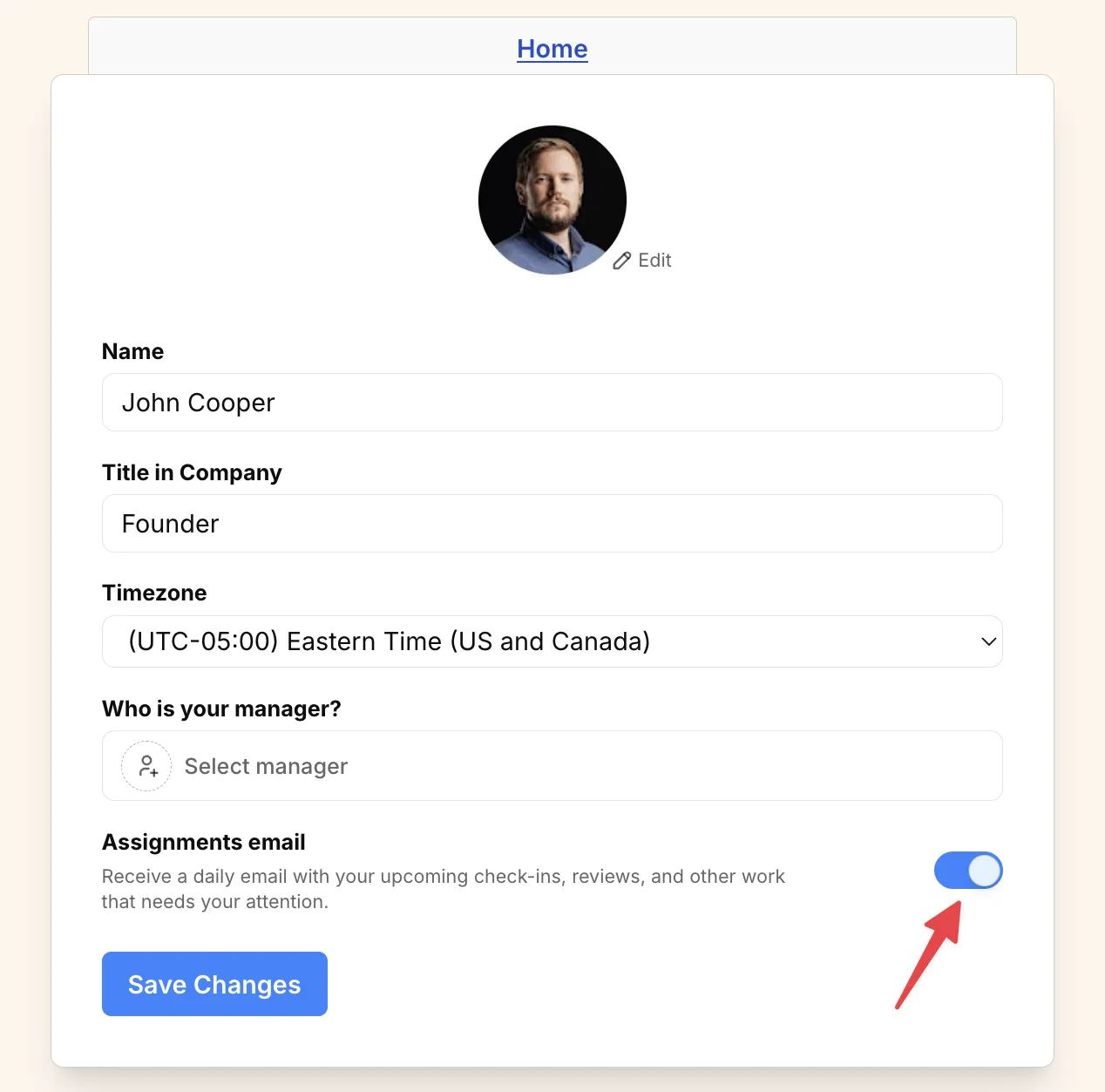 Screenshot: Assignments email switch